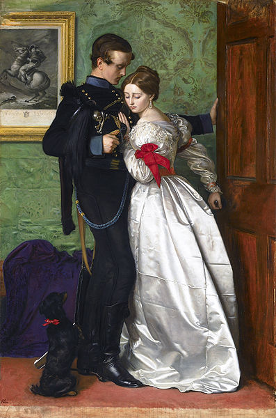 A painting of a couple holding tight each other
